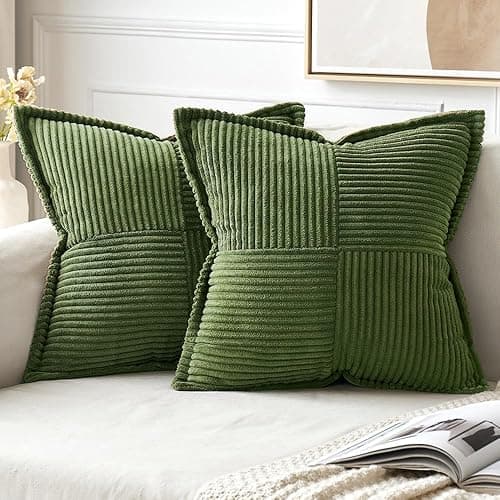 MIULEE Moss Green Corduroy Pillow Covers 18x18 Inch with Splicing Set of 2 Super Soft Boho Striped Pillow Covers Broadside Decorative Spring Textured Throw Pillows for Couch Cushion Bed Livingroom - 18" x 18" (Pack of 2) - Moss Green