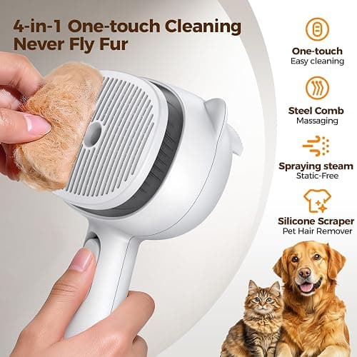 Self Cleaning Shedding Steam Cat Brush, Silicone Scraper Included Dog Brush, primecat, Cat Brushes for Shedding, USB Rechargeable, for Grooming & Haired Pets, Dogs & Cats, White thumbnail 2