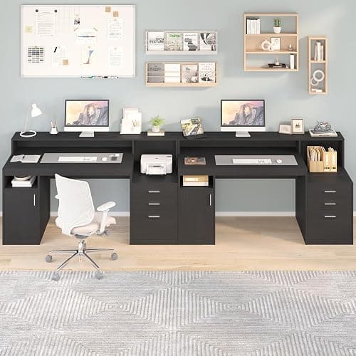 YOMILUVE Computer Desk with 3 Drawer & Storage Shelves, Home Office Desk with File Drawer & Cabinet, Writing Study Table with Long Monitor Stand & Printer Shelf, Executive Desk, Black thumbnail 9