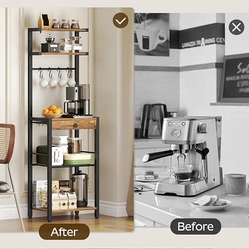 YATINEY Bakers Rack, 5-Tier Coffee Bar Station, Coffee Stand with Pod Drawer Holder, Versatile Kitchen Storage Rack with 4 Hooks, for Living Room, Cafe Corner, Rustic Brown and Black KF01BRY1 thumbnail 7