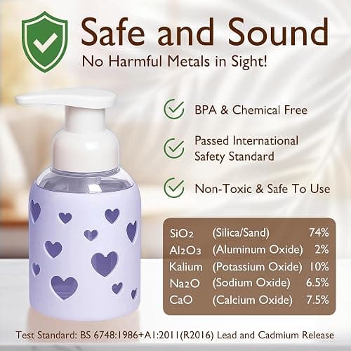 SoCal Suds & Company Foaming Hand Soap Dispenser Glass, Soft Purple, 8oz | Liquid Soap Pump w/ Heart Silicone Sleeve, Refillable Bottle for Kids, Baby Wash & Shampoo, Ideal for Bathroom & Kitchen Use thumbnail 8