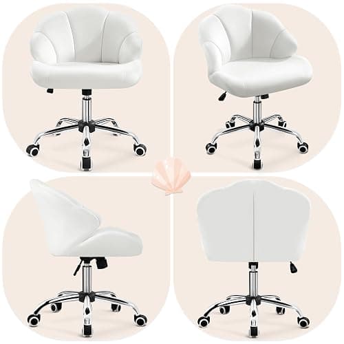 Yaheetech Cute Velvet Desk Chair Shell-Shaped Back Vanity Chairs Modern Swivel Desk with Wheels Adjustable Height for Home Office Bedroom White - White thumbnail 8