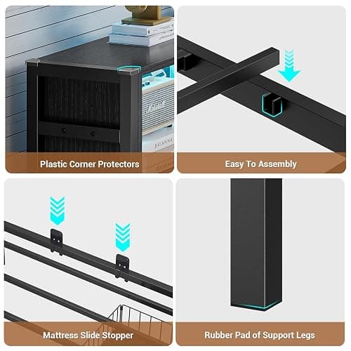 Hasuit Twin Corner Bed Frame with Storage Drawers and Bookcase Headboard, Twin Size Metal Platform Corner Bed Frame with Charging Station and LED Lights, Twin Daybed for Kids Teens Guests, Black thumbnail 8