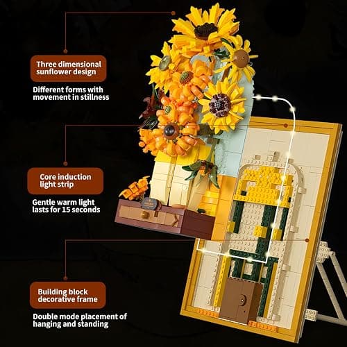 CAXIMSY Flowers Sunflower Building Block Sets Crafts for Adults Sunflowers Wall Art Painting Frame Gifts for Mother's/Valentine's Day，Artificial Flower for Room Home Decor（1166 Pieces） thumbnail 4