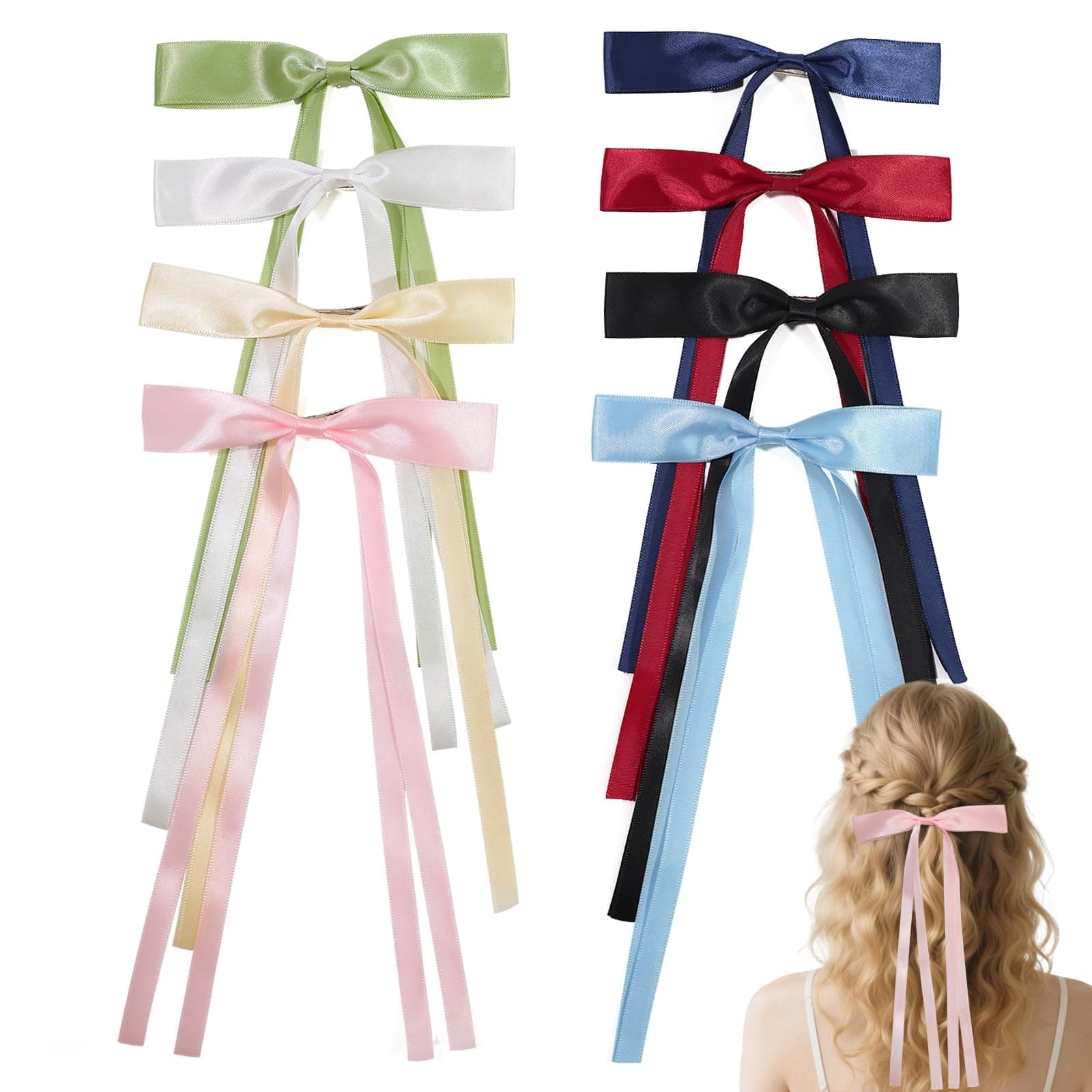 Silky Satin Long Bow Hair Clips, 8pcs Hair Barrettes for Women Girls, 8 Colors Long Tail Bow Hair Ribbon Claws, Elegant Hair Accessories for Teens and Adults - Image 1