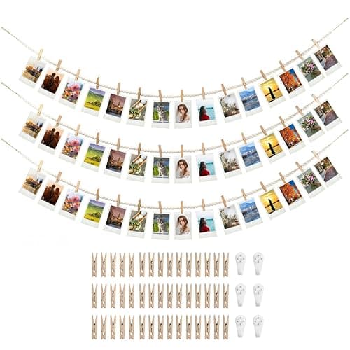 3PCS Hanging Photo Display with 45 Clips, 67 Inch Boho Wooden Bead Garland Photo Banner, Kids Art Display Collage Picture Postcard Display, Photo String for Bedroom Dorm Cubicle Wall Decor Teen Gifts - Image 1