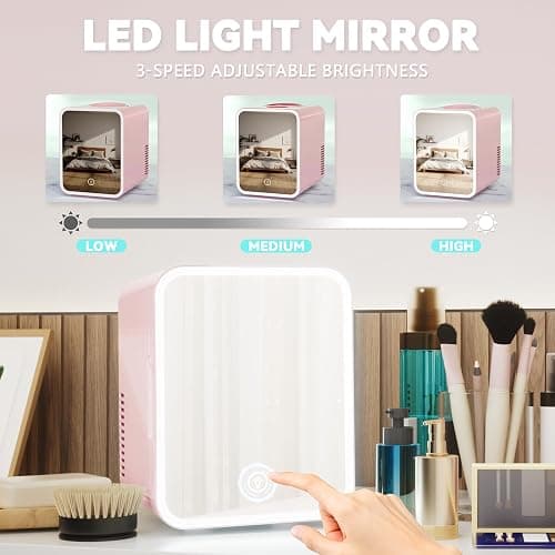 EUHOMY Mini Fridge, 5L AC/DC Small Refrigerator with Dimmable LED Mirror, Portable Cooler and Warmer for Skin Care, Cosmetics, Beverage, 5L Makeup Mini Skincare Fridge for Bedroom, Car, Office, Pink thumbnail 4