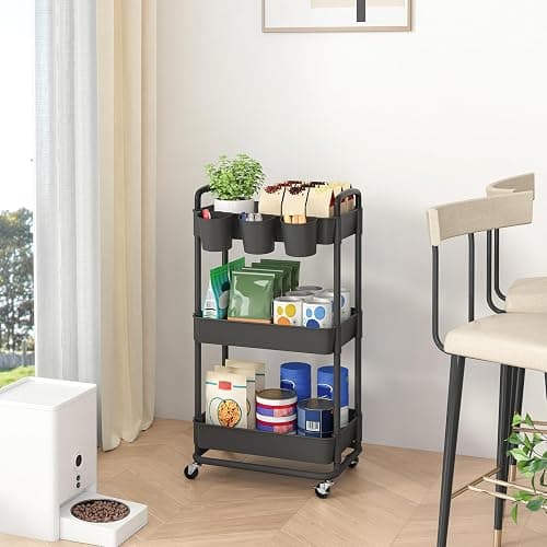 JIUYOTREE 3-Tier Plastic Rolling Storage Cart Utility Cart with Extra Hanging Cups Handles Lockable Wheels for Living Room Bathroom Kitchen Office Black thumbnail 4
