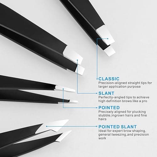 Pefei Tweezers Set - Professional Stainless Steel Tweezers for Eyebrows - Great Precision for Facial Hair, Splinter and Ingrown Hair Removal (Black) thumbnail 4