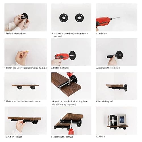 Home TZH Wall Mounted Floating Shelves, Floating Shelves with Industrial Pipe Brackets Set of 2 Rustic Wood Storage Shelf for Bedroom Living Room Bathroom Kitchen Office and More (2, Brown) thumbnail 5