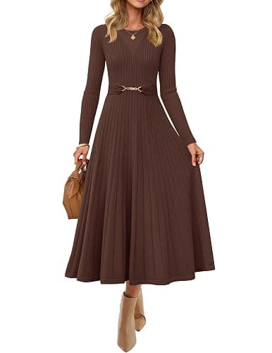 ZESICA Women's Long Sleeve Midi Sweater Dress 2025 Fall Crewneck Knit A Line Pleated Flowy Long Dresses with Belt - Image 1
