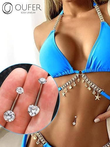 OUFER Titanium Belly Button Rings, Long Belly Piercing Jewelry, Clear CZ Belly Rings, Internally Thread Navel Piercing Jewelry For Women Men thumbnail 3