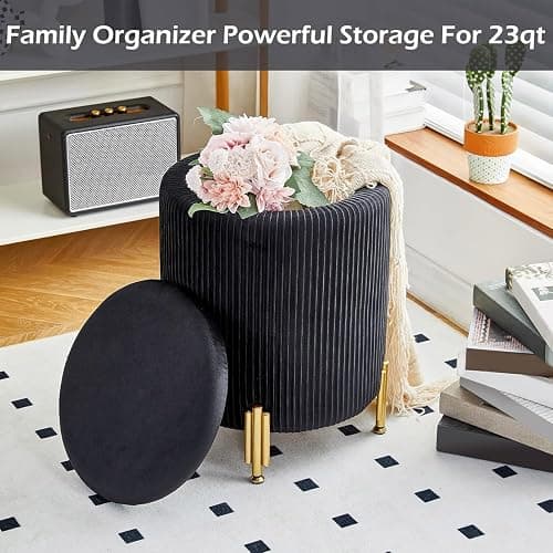 Mxfurhawa Round Ottoman Foot Stool with Storage and Metal Legs for Living Room Bedroom, Velvet Upholstered Footrest Stool Support 300lbs Modern Padded Seat Ottoman Coffee Table (Black) thumbnail 4