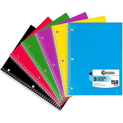 Rosmonde 5 Subject Notebook College Ruled, 6 Value Pack, 300 Pages (150 Sheets), 8 x 10-1/2", 5 Subject College Ruled Spiral Notebooks for School & Office, Thick Paper Fights Ink Bleed, 3 Hole Punched - Image 1
