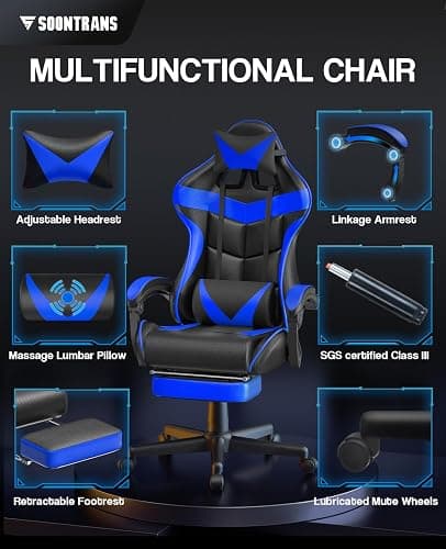 Soontrans Gaming Chair with Footrest,Computer Office Chair, Ergonomic Gamer Chair with Height Adjustment,Headrest and Lumbar Support Gamer Chair(Storm Blue) thumbnail 3