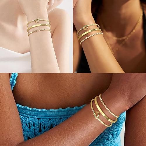 Zalcon Gold Bangle Cuff Knot Bracelet for Women Stack Non Tarnish 14k Gold Plated Dainty Cubic Zirconia Tennis Bracelets Jewelry Set for Women Trendy - style 01 thumbnail 2