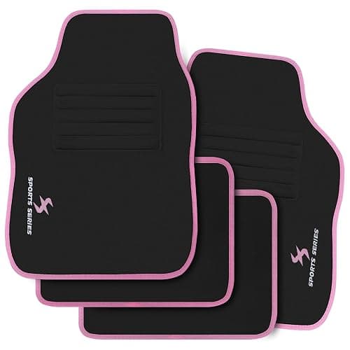 WOLTU Autofußmatten-Set mit 4 Matten universelle Allwetterfußmatten mit Stickerei Autoteppich gegen Wasser rutschfeste Absatzschoner aus Teppichmaterial Schwarz Rosa - Image 1