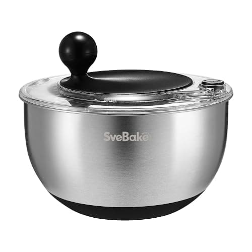 SveBake 5.3Qt Stainless Steel Salad Spinner with Stop Button, BPA-Free Vegetable Lettuce Spinner, Transparent Lid & Drainage Hole, Non-Slip Base, Dishwasher Safe Fruit Washer - Image 1