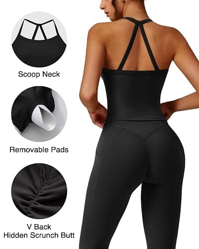 RXRXCOCO Cross Back Workout Sets for Women 2 Piece Padded Tank Tops Hidden Scrunch Leggings Gym Outfits with Pockets thumbnail 4