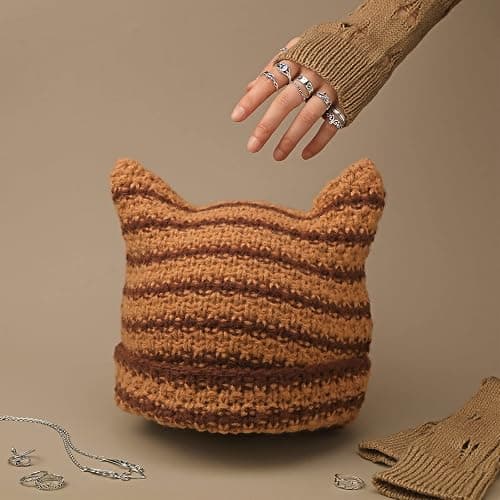 Sureio 25 Pcs Y2k Grunge Knitted Cat Beanie with Fairy Grunge Ripped Gloves Earrings Necklace Rings Monster Horn Accessories(Brown) thumbnail 6