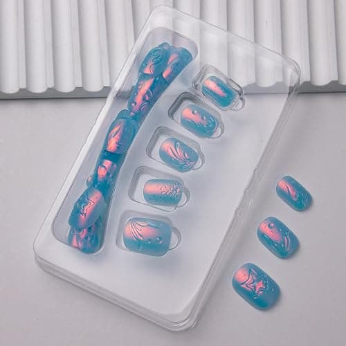 Summer Press on Nails Short Square Fake Nails Blue Chrome False Nails Press ons with Sea Waves Ocean 3D Design Glue on Nail Beach Matte Artificial Acrylic Nails for Women Girls Manicure Deco thumbnail 4