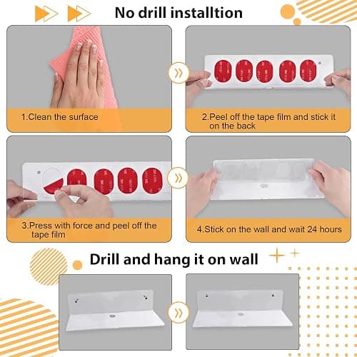 luium 9 Inch Clear Acrylic Floating Shelf, No Drill Adhesive Wall Shelf Set of 2 for Storage, Floating Shelves Damage-Free Expand Wall Space for Living Room, Office, Gaming Room, Bathroom thumbnail 6