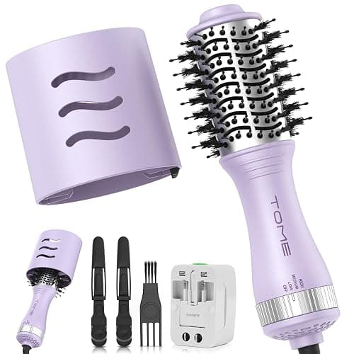 Travel Hair Dryer Brush, Dual Voltage Blow Dryer Brush, Mini Hot Air Portable 2 inch Travel Hair Dryer Styler Volumizer Oval Shape (Purple) - Image 1