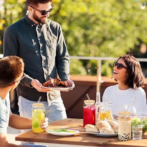 Glass Cup with Lids and Straw, 16oz Glasses Cups with Bamboo Lids and Straws Set of 6 Beer Glass Iced Coffee Glasses Cute Tumbler Cup for Fruit Juice, Smoothie, Boba Tea, Water thumbnail 6