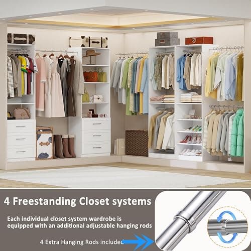 Secilix 8FT Modular Closet System with 6 Drawers, Walk-in Closet Organizer System with 8 Expandable Hanging Rods & Adjustable Shelving Towers, Heavy Duty Wood Closet Storage for Bedroom, White(4 sets) thumbnail 4