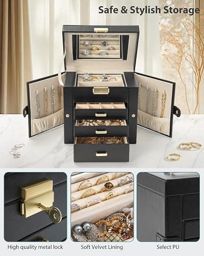 AKOZLIN 4-Tier Jewelry Box Leather Jewelry Storage Organizer with 3 Drawers Lockable for Women Girls Ring Necklace Earring Bracelet Holder with Mirror Black thumbnail 6