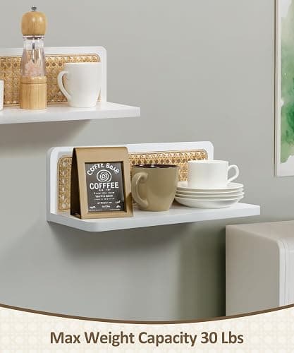 Maxpeuvon Rattan Floating Shelves, Boho Cane Webbing Wall Shelves Farmhouse Display Storage Organizer White Bookshelves Wicker Room Decor for Living Room Bedroom Entryway Hallway Bathroom, Set of 2 thumbnail 5