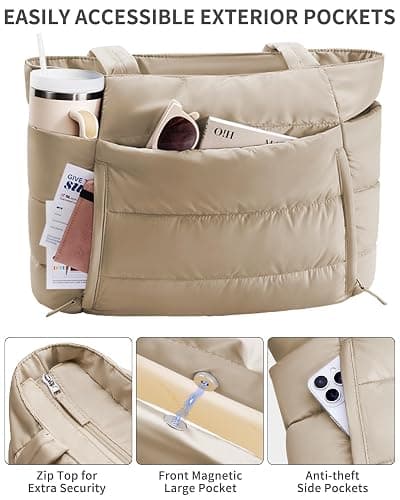 Puffer Tote Bag for Women, Lightweight Puffy Work Handbag Teacher Nurse Quilted Shoulder Bag for School Travel Gym thumbnail 4