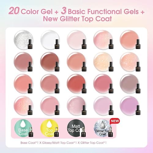 ROSALIND 24pcs Jelly Gel Polish Set with Gel Base and Matte Glossy Glitter Top Coat, 20 Colors Neutral Jelly Pink nude Sheer White Color Soak Off UV Gel Set Salon DIY thumbnail 2