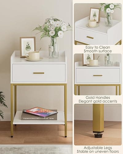 Masupu Nightstand,3-Tier Modern Bedside Night Stand with Storage Drawer and Shelf,Small End Side Table for Bedroom,Living Room,White (Without Outlet, White) thumbnail 5