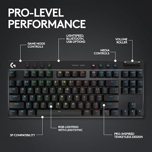 Logitech G PRO X TKL LIGHTSPEED Wireless Gaming Keyboard, Ultra-Portable Tenkeyless Design, LIGHTSYNC RGB, PBT keycaps, Clicky Switches (GX Blue) - Black thumbnail 5