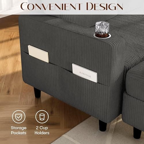 POYISOU Convertible Sectional Couches for Living Room, 3 Seats L Shaped Sofa with Storage Ottoman and 2 Cup Holders, Modern Corduroy Couch Small Sofas for Small Space Apartment Office, Dark Grey thumbnail 5