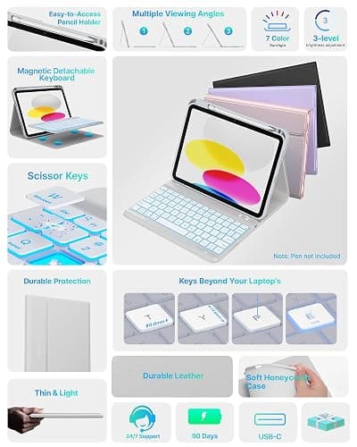 typecase Folio Keyboard Case for iPad 10th Gen 10.9 inch (2022) and iPad 11th (A16, 2025), Magnetic Wireless Detachable Keyboard, 7-Color Backlight, Thin & Light, Pencil Holder – Gray thumbnail 3