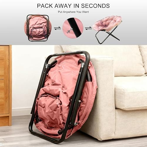 GREZJXC Saucer Chair for Adults,Kids, Round Chair Folding Chiar for Bedroom, Dorm & Gaming, Foldable Comfy Accent Seat for Small Spaces, Thick Padded Black Meatal Frame (Pink) thumbnail 4