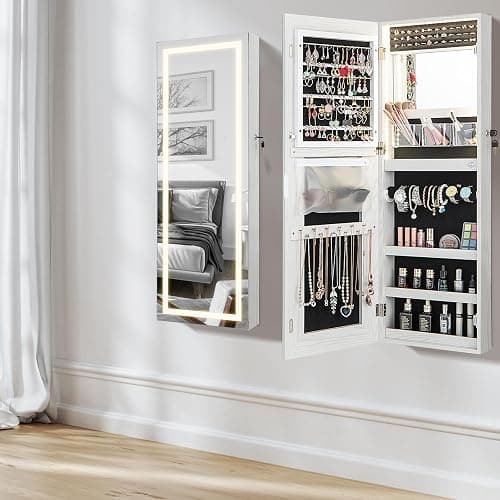 CHARMAID LED Mirror Jewelry Cabinet, Lockable Jewelry Armoire with Adjustable Lighted Full Length Mirror, 3 Lighting Sets, Wall Mounted Door Hanging Jewelry Storage Organizer (Grayish White, 42.5''H) thumbnail 2