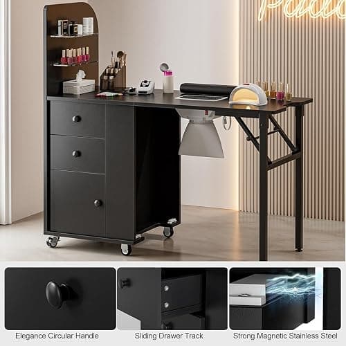 Belandi Foldable Nail Desk Manicure Table, Folding Nail Table Station for Nail Tech w/Dust Collector, 2 Open Shelves & 2 Drawers, Foldable Manicure Desk w/Wrist Cushion, Lockable Wheels thumbnail 8