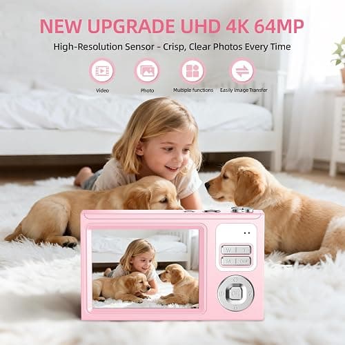 Digital Camera for Kids & Beginners 64GB SD Point and Shoot Digital Cameras | Compact pink digital camera & vlogging camera for kids. Durable drop-resistant design with tripod & 16X zoom for travel. thumbnail 2