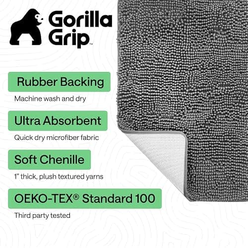 GORILLA GRIP Bath Rug Mat, Thick Soft Absorbent Chenille, Quick Dry Microfiber Mats, Rubber Backing Washable Shower Floor Rugs, US Designed Bathroom Bathmat Home Decor Accessories, 24x17, Grey thumbnail 2