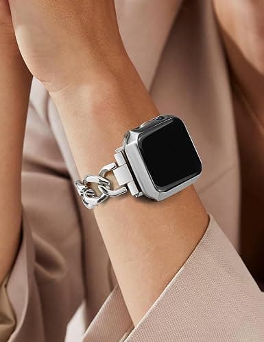 JR.DM Silver Watch Bands for Women Compatible with Apple Watch 46mm 42mm(S3/2/1) 44mm 45mm 49mm Adjustable Metal Single Chain Bracelet for iWatch Series 11/10/9/8/7/6/5/4 SE 3/2/1 Ultra (No Case) thumbnail 8