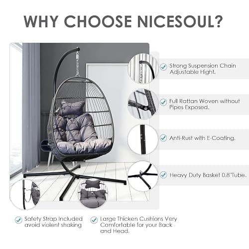 NICESOUL Egg Chair Indoor Outdoor, Patio Wicker Egg Swing Chair with Stand, Comfy Padded Cushion Hanging Basket Chair, 350lbs Capacity Birthday Gift Hammock Chair for Outside Backyard Bedroom, Gray - Dark Gray thumbnail 7