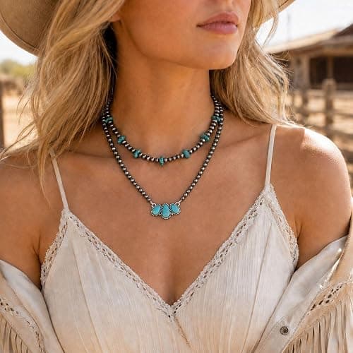 Zurlcdye Turquoise Necklaces for Women Charm Boho Western Vintage 3 Black Beaded Necklace with Teardrop Turquoise Pendant Layered Necklace Chic Country Concert Outfits Birthday Jewelry Gifts thumbnail 2