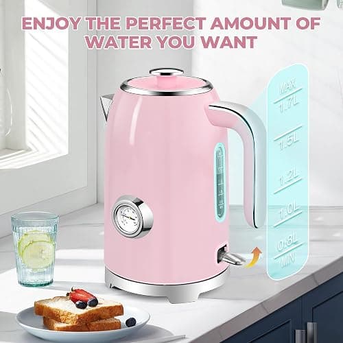SUSTEAS Electric Kettle - 57oz Hot Tea Water Boiler with Thermometer, 1500W Fast Heating Stainless Steel Pot, Cordless LED Indicator, Auto Shut-Off & Boil Dry Protection, Pink thumbnail 7