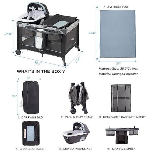 5 in 1 Multifunctional Pack and Play,Qutanix Foldable Baby Crib with Bassinets,Changing Table,Newborn Napper with Canopy,Diaper Stacker,Baby Playpen for Babies and Toddlers thumbnail 3