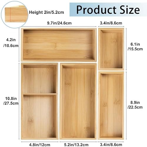 Acidea Bamboo Drawer Organizer Set, 5Pcs Multi-purpose Individual Storage Organizer, Junk Drawer Divider and Storage Trays Containers for Kitchen, Bathroom, Office Desk, Makeup, Jewelry, Utensils thumbnail 3