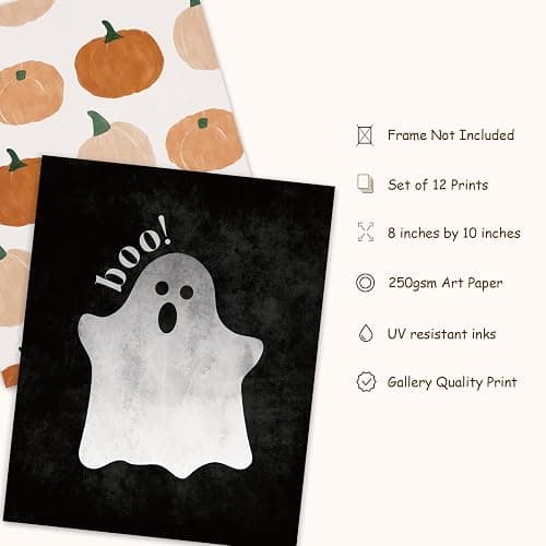 JarThenaAMCS 12Pcs Halloween Wall Art Prints Boho Pumpkin Ghost Black Cat Art Poster Fall Black Orange Wall Decor for Autumn Gallery Living Room Bedroom (UNFRAMED 8 x 10 Inch) thumbnail 2