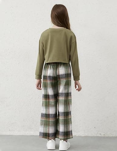 Gaupafmb Girls Clothes Solid Long Sleeve Tops Plaid Wide Leg Pants with Pockets Girls Outfits Size 6-14 - 7-8 Years - Green thumbnail 3